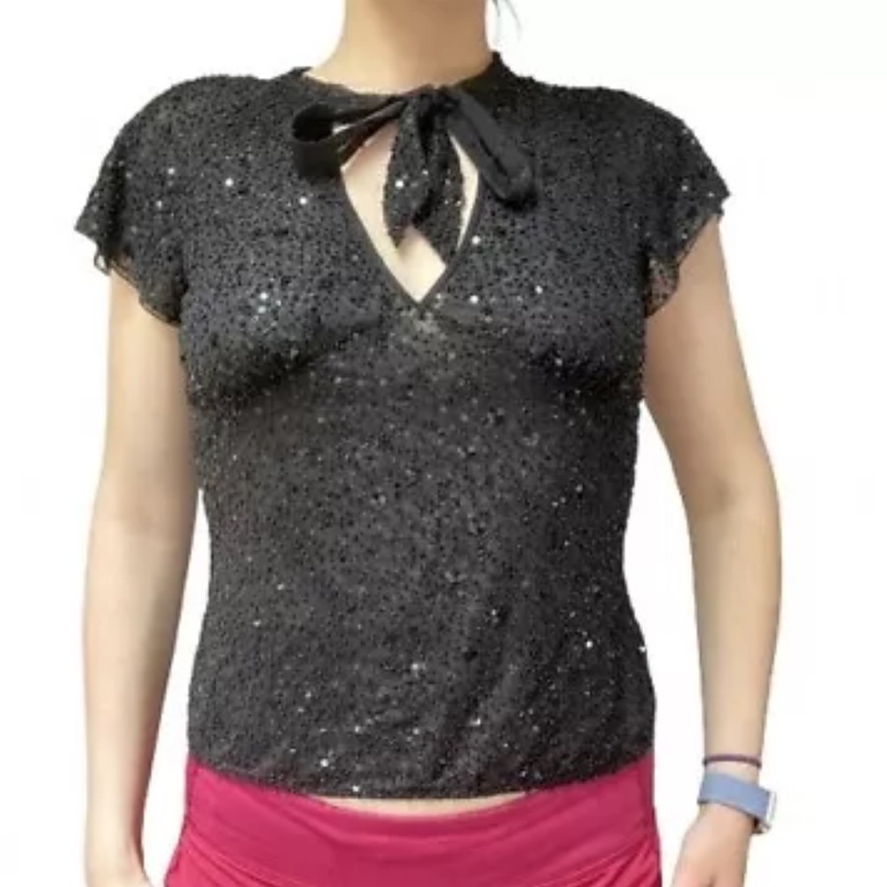 ESCADA Sequin Beaded embellished Short Sleeve Tie front Top Women’s size small